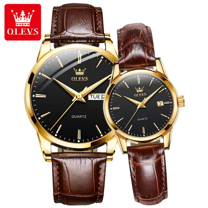 OLEVS Couple Watches - Classic Brown Leather, Analog Quartz, Romantic Waterproof Date Pair Watch for Men and Women