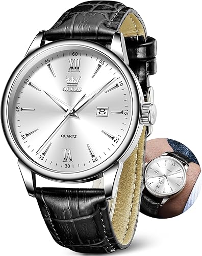 OLEVS Men Watch Leather Strap Classic Dress Large Face Analog Quartz Date&Luminous.