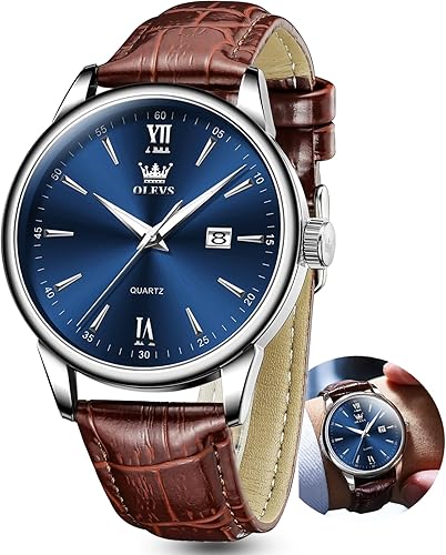 OLEVS Men Watch Leather Strap Classic Dress Large Face Analog Quartz Date&Luminous.