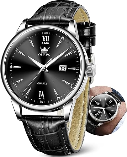 OLEVS Men Watch Leather Strap Classic Dress Large Face Analog Quartz Date&Luminous.