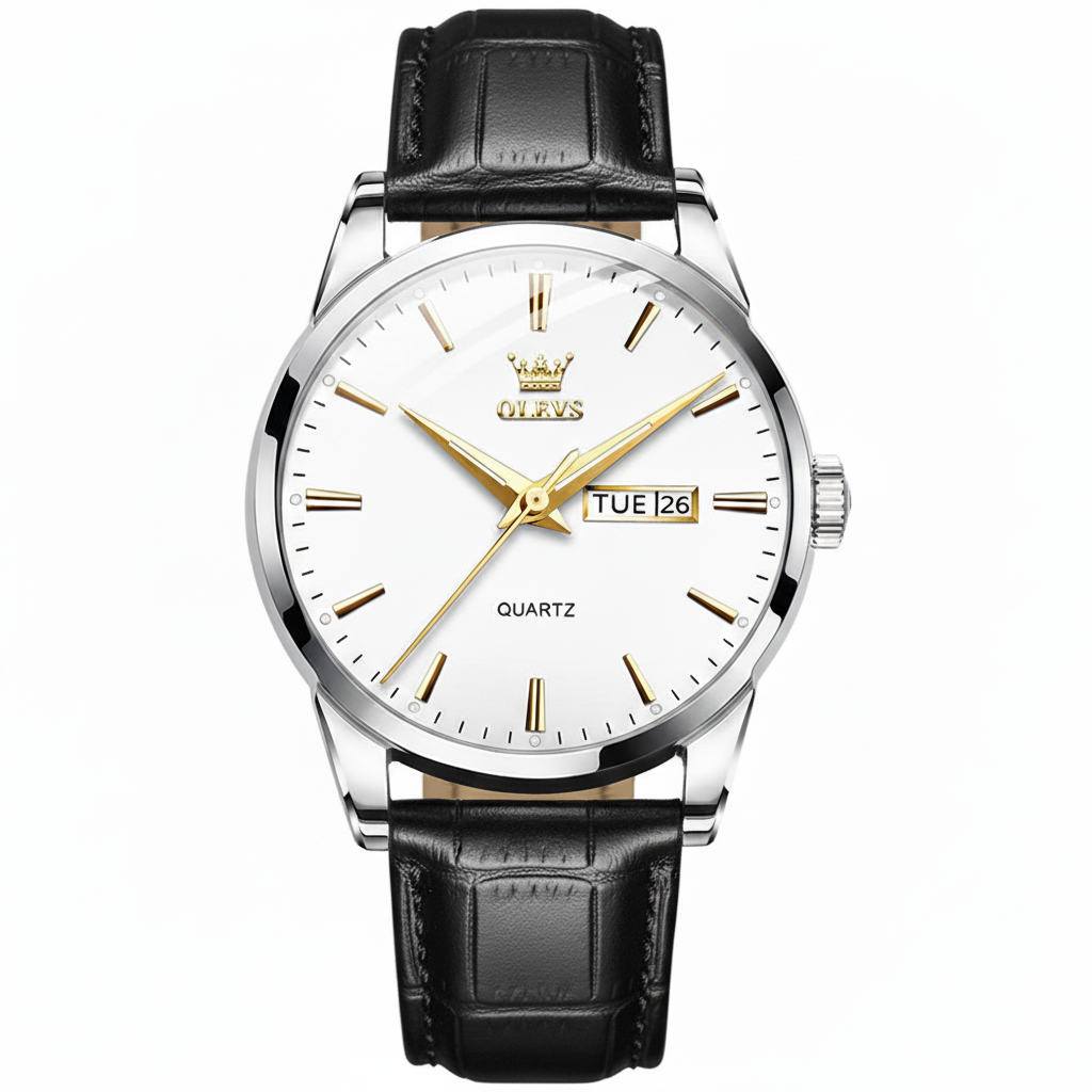 OLEVS Men Watch Leather Strap Classic Dress Large Face Analog Quartz Date&Luminous.