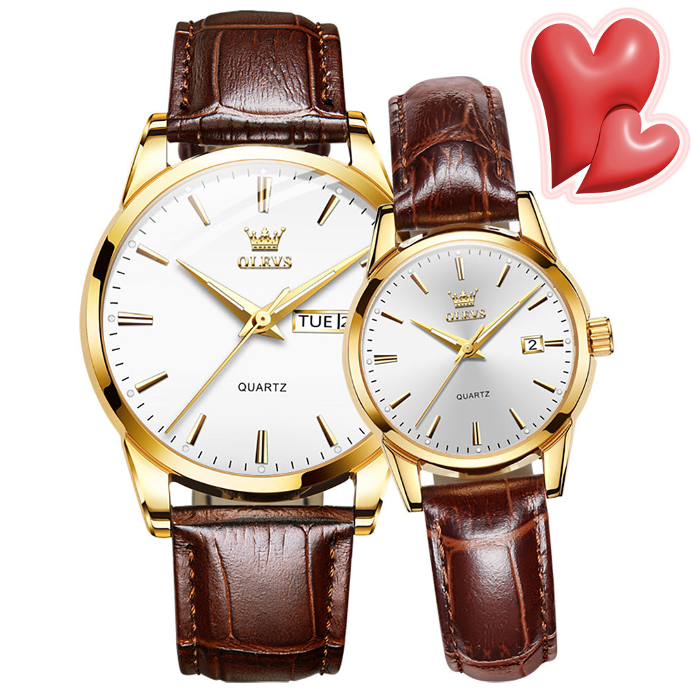 OLEVS Couple Watches - Classic Brown Leather, Analog Quartz, Romantic Waterproof Date Pair Watch for Men and Women