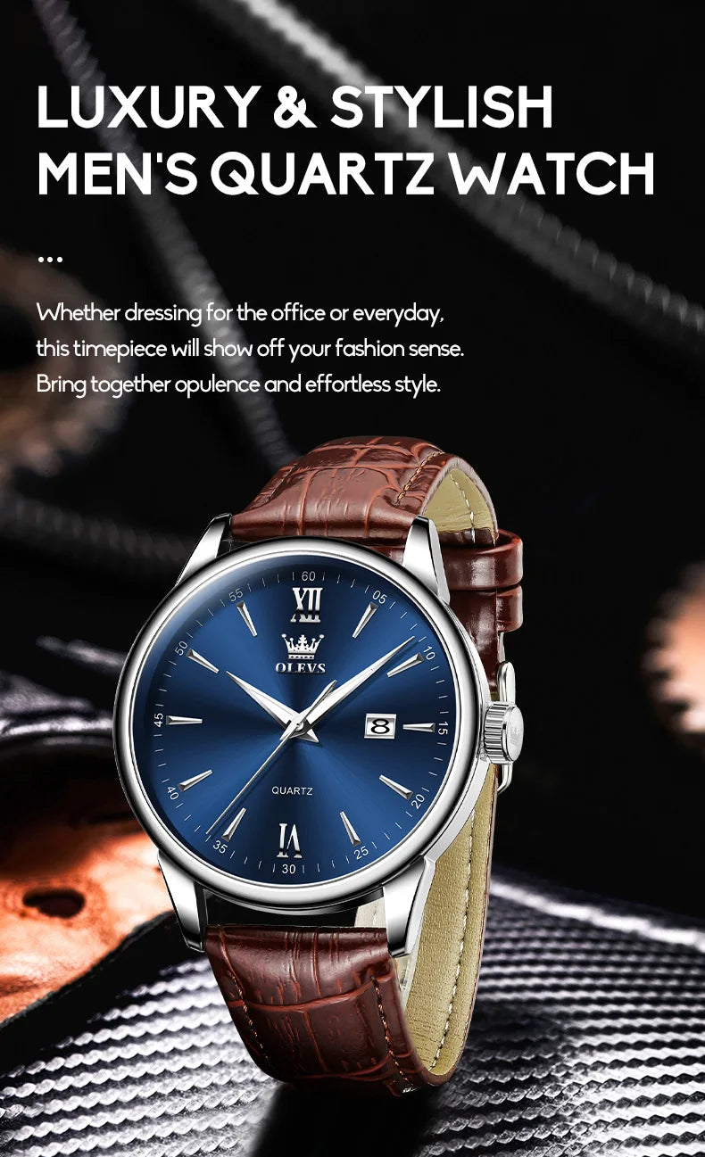 OLEVS Men Watch Leather Strap Classic Dress Large Face Analog Quartz Date&Luminous.