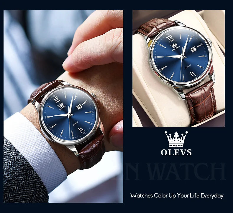 OLEVS Men Watch Leather Strap Classic Dress Large Face Analog Quartz Date&Luminous.