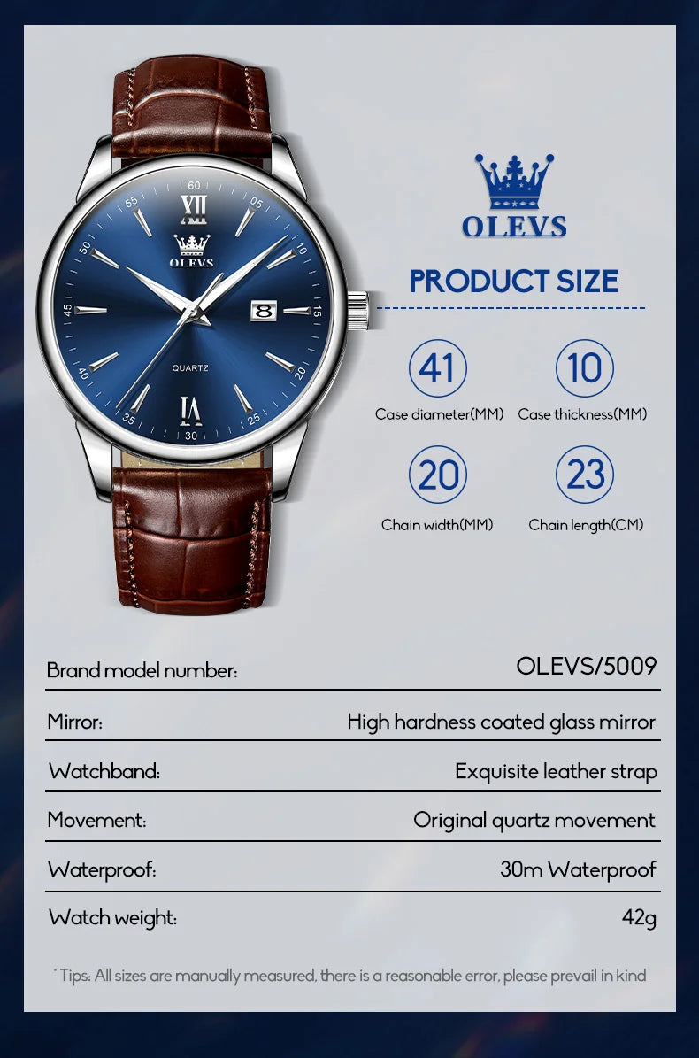 OLEVS Men Watch Leather Strap Classic Dress Large Face Analog Quartz Date&Luminous.