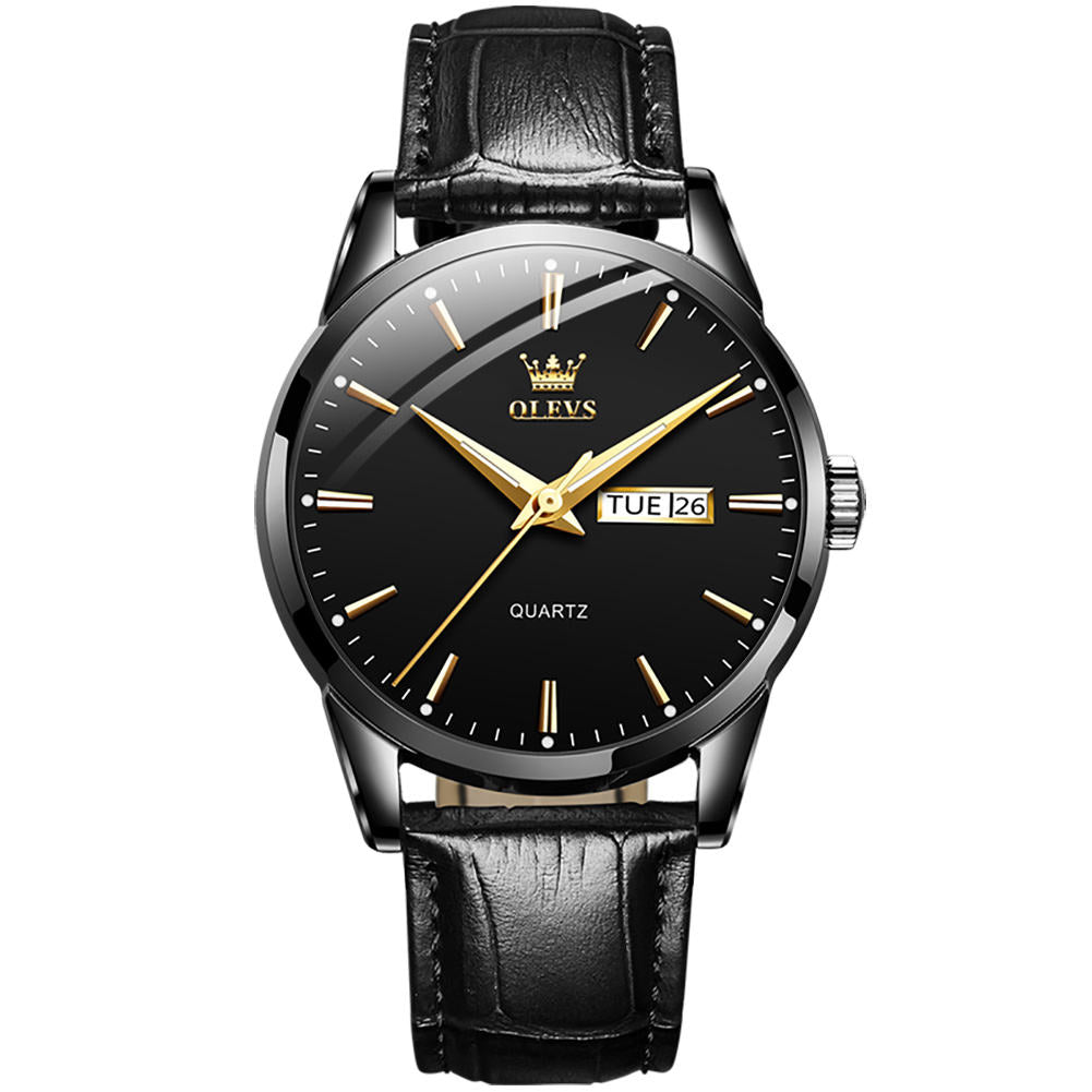 OLEVS Men Watch Leather Strap Classic Dress Large Face Analog Quartz Date&Luminous.