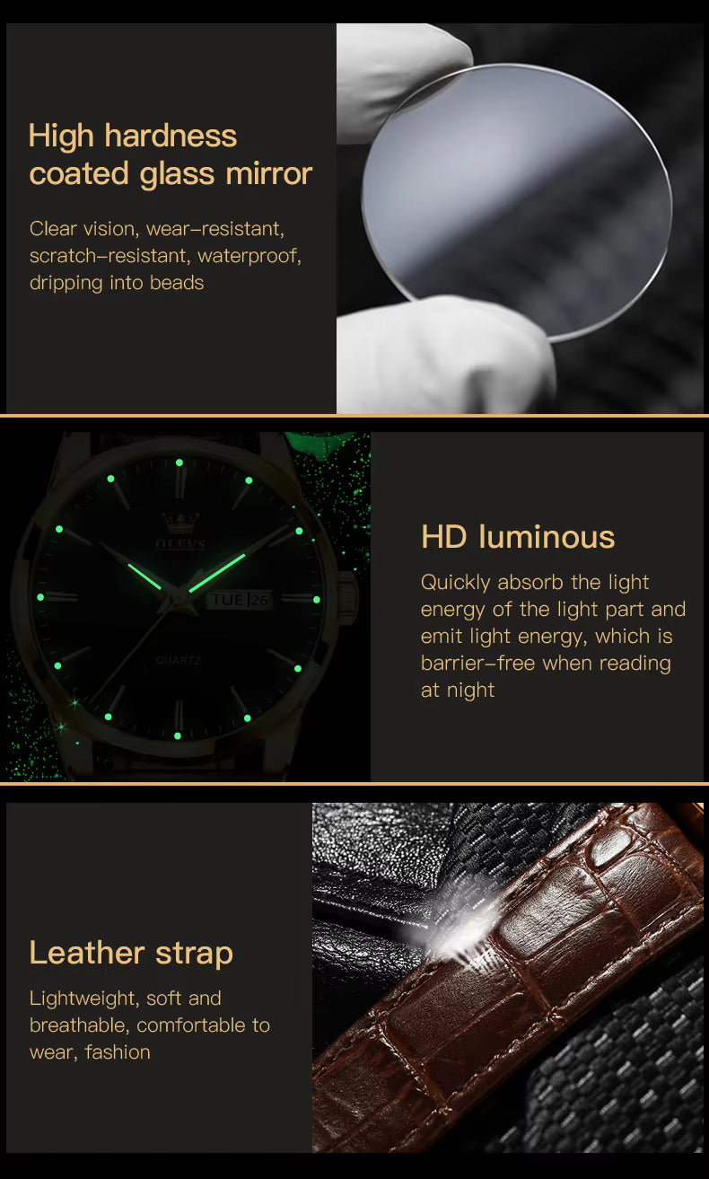 OLEVS Men Watch Leather Strap Classic Dress Large Face Analog Quartz Date&Luminous.