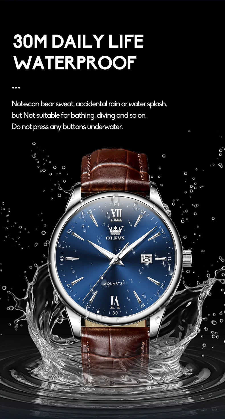 OLEVS Men Watch Leather Strap Classic Dress Large Face Analog Quartz Date&Luminous.